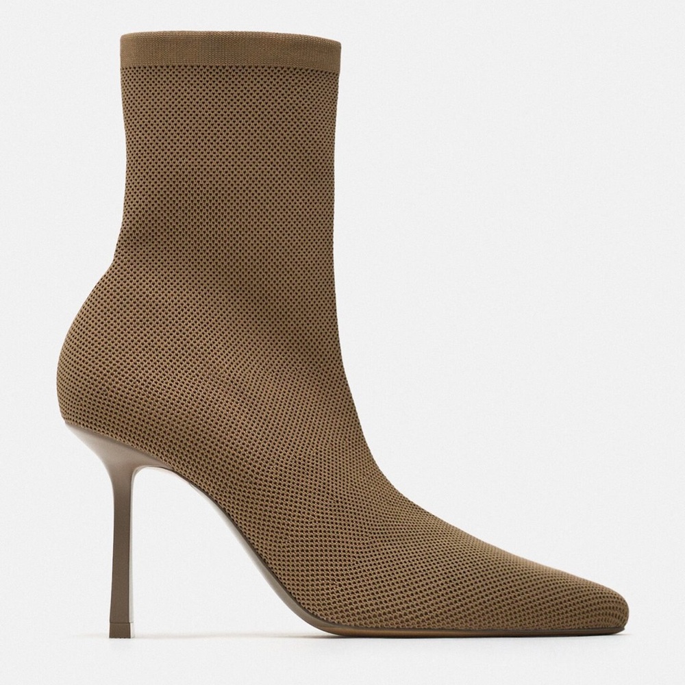 Zara Stretch Fabric Heeled Ankle Boots in Sandy Brown